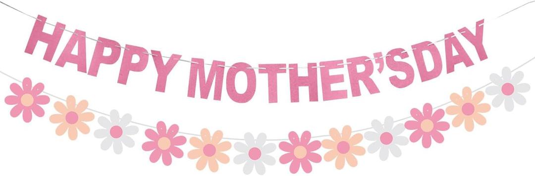 Happy Mother's Day Decorations Banner - NO DIY - Pink Glitter Mothers Day Party Supplies Photo Backdrops