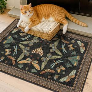 Small Black Entryway Rug - 2x3 Front Door Rug Indoor Entrance, Small Carpet for Kitchen Floor, Bathroom, Powder Room, Washable Low Pile Non Slip, Insect Print Home Dcor