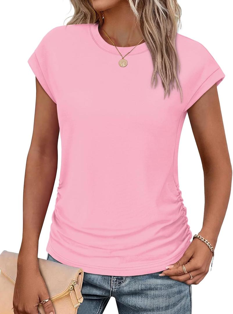 SAMPEEL Womens Summer Tops Trendy 2025 Ruched Cap Short Sleeve Tshirts Shirts Crew Neck T Shirts Fashion (XX-Large, Pink)