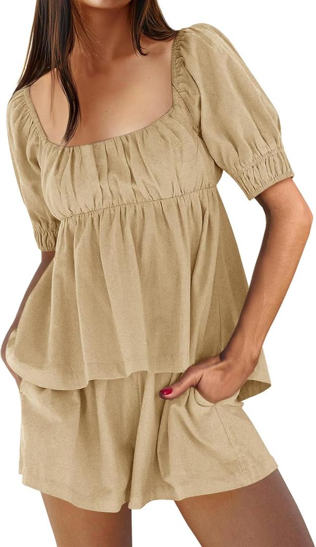 Tankaneo Womens 2 Piece Outfits Summer Square Neck Short Puff Sleeve Babydoll Tops and Shorts Matching Set (Beige, M)