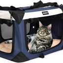 Large Cat Carrier, Collapsible Dog Travel Crate Portable Soft-Sided Pet Carrier with Super Soft Warm Plush Mat for Indoor and Outdoor 20x14x14in,Navy Blue