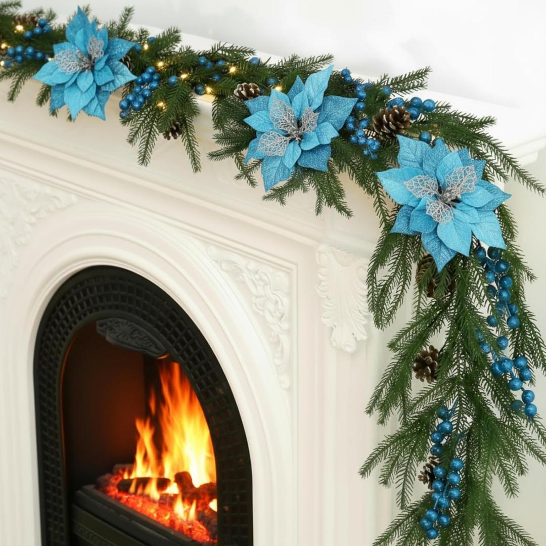 Syhood 1pcs 6ft Norfolk Pine Christmas Garland with Lights Poinsettia Pinecone Berry, Real Touch Prelit Blue Christmas Garland Battery Powered for Mantle Fireplace Stairs Table Home Decor