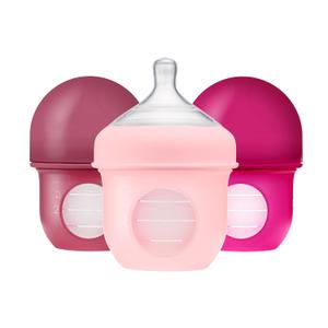 Boon Nursh Reusable Silicone Pouch Baby Bottles - Slow Flow Nipple - Silicone Baby Bottle Pouch and Nipple - Baby Feeding Essentials - Pink - 0-3 Months - 3 Count - 4 Ounce (4 Ounce (Pack of 3))