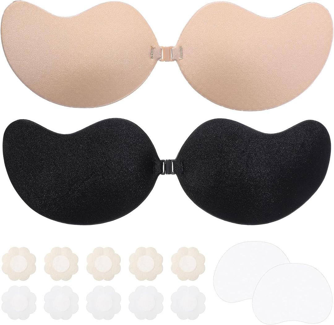 2 Pairs Strapless Sticky Bra with 1Silicone Nipple Covers and 5 Pairs Non-Woven Nipple Covers, Adhesive Bra Push up, Adhesive Strapless Bras, for Backless Dresses Black, Nude