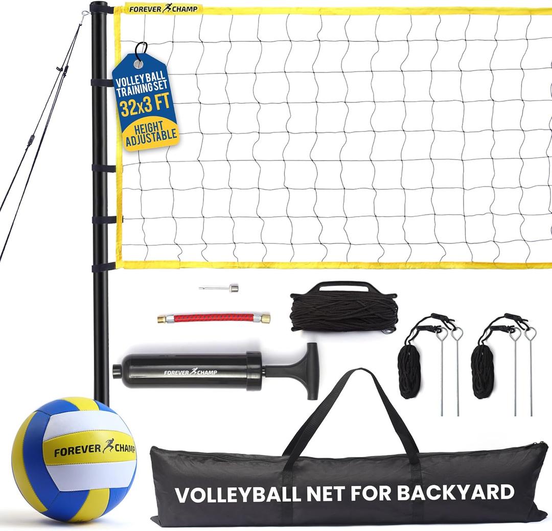 Forever Champ Volleyball Net for Backyard, Beach, Home, Includes 32x3 Ft Regulation Size Net, 8.5-Inch PU Volleyball, Carrying Bag, Boundary Lines, Steel Poles & Pump, Portable Volleyball Net Outdoor