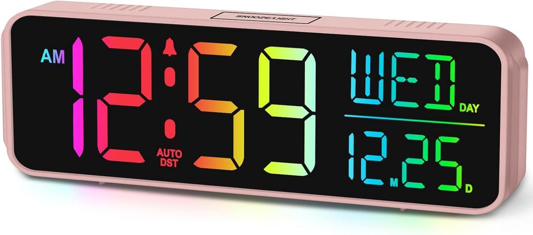 Peakeep Kids Digital Alarm Clock for Bedrooms, Date Day of Week Large Display Numbers 6 Brightness Dimmer, 5 Volume Loud for Heavy Sleepers, 8 RGB Colors Electric Desk Clock Battery Backup, Auto DST