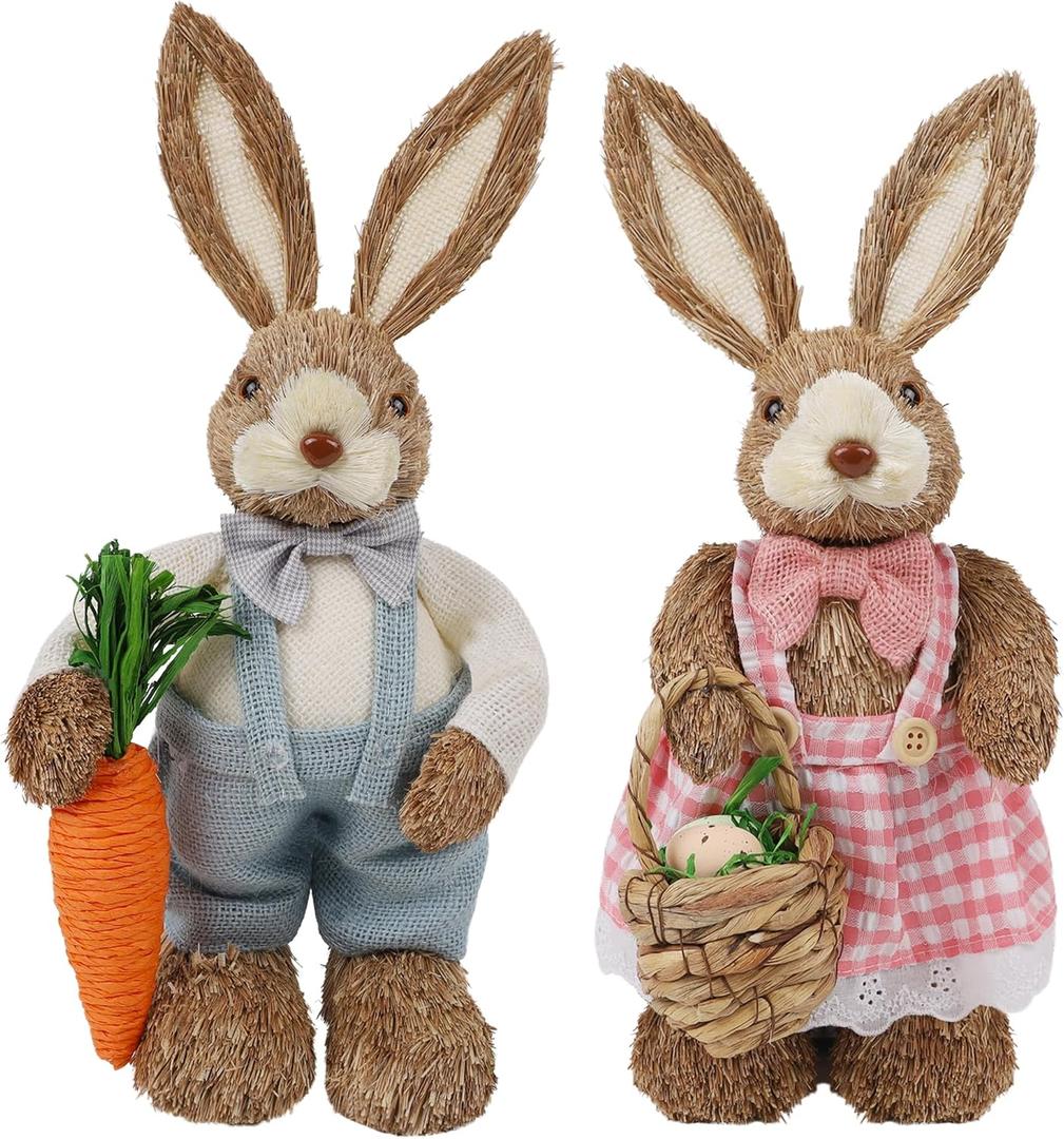 DR.DUDU Set of 2 Easter Decorations for Home- 14" Sisal Bunny Figurines with Carrot & Egg, Spring Straw Bunny Couple Farmhouse Centerpieces for Tables, Easter Rabbits Decor