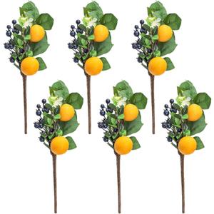 SOUJOY 6 Packs Artificial Lemon Branches, Faux Yellow Lemons Tree Stem with Blueberry and Leaves, 12 Inch Spring Summer Fake Fruit Floral Picks for Vase, Italian Style Decor for Home Kitchen Party