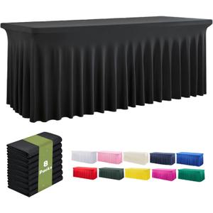 leegleri Black Spandex Table Clothes for 8 Foot Rectangle Tables, 8 Pack Wrinkle Free Rectangle Table Cloth 8ft Stretch Fitted Tablecloths with Skirt for Parties Weddings Birthday Banquet Baby Shower
