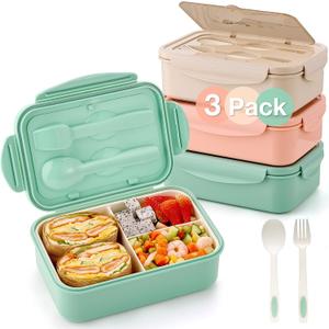 Mfacoy 3 Pack Bento Boxes for Adults/Kids, 1100 ML Bento Lunch Box With Spoon & Fork, Lunch Box Containers, Bento Box for Dining Out, Work, Picnic, BPA-Free, Microwave & Dishwasher Safe