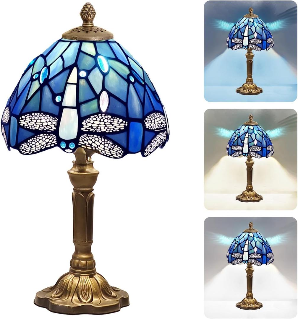 Tiffany Table Lamp, Stained Glass Desk Light, W12H19 Inch, Metal Leaf Base (Green Leaf)