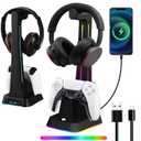 PS5 Controller Chargr with RGB Headphone Station, PS5 Controller Charger Headset Holder compatible with PS5 Controller & PS5 Edge Controller with 2 USB Port and RGB Colored Light