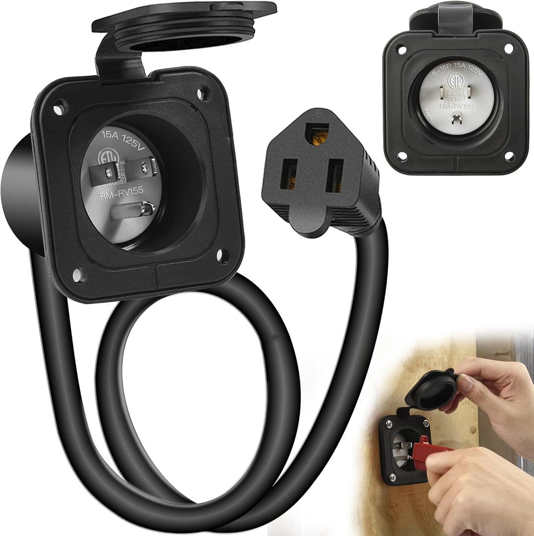 GeepKey 15 Amp Flanged Inlet 125V with Integrated 18" Extension Cord, NEMA 5-15 RV Plugs Receptacle with Waterproof Cover, Straight Blade/ETL Approved, 2 Pole 3-Wire, Black