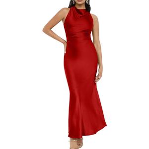 Memoriesea Women's High Cowl Neck Bodycon Sleeveless Wedding Guest Party Maxi Dress (Red, XL)
