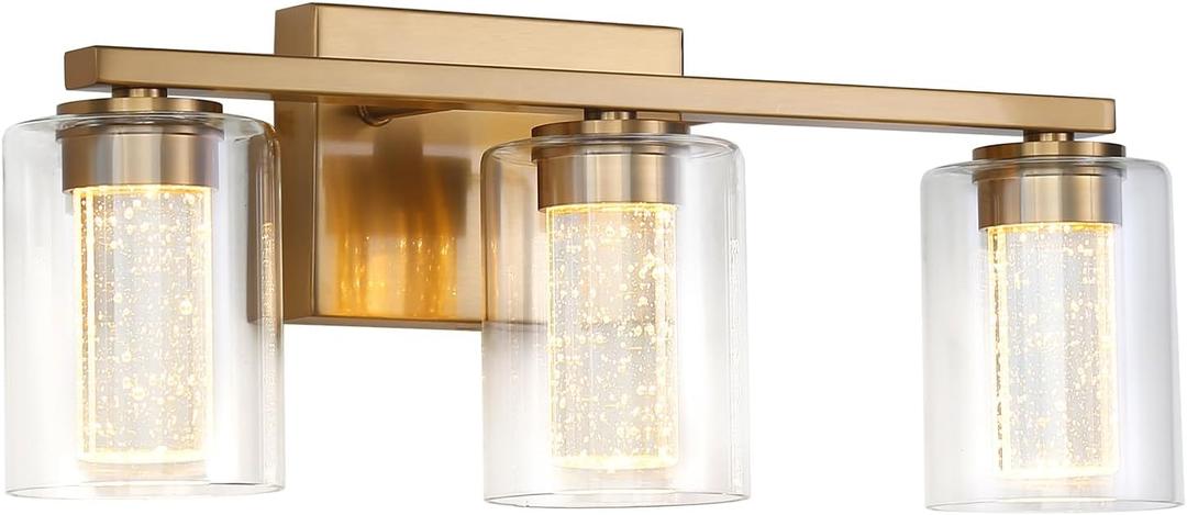 3-Light Gold Bathroom Vanity Light Fixture, Dimmable 5CCT Brushed Brass Bathroom Lights,2700K-6500K Modern LED Wall Sconce Over Mirror with Clear Glass and Crystal Bubble