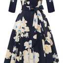 DRESSTELLS Cocktail Dresses for Women, Vintage Wedding Guest 3/4 Sleeves Formal Church Holiday Dress (Small, Navy Yellow White Flower)