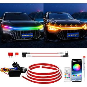 YM E-Bright Car Led Lights Exterior RGB Hood Light Strip Waterproof Multicolor Dynamic Scan Start Up Hoodbeam Kit with Turn Signal Indicator Function for Cars, Truck, SUV, APP Control, 12V 70inch