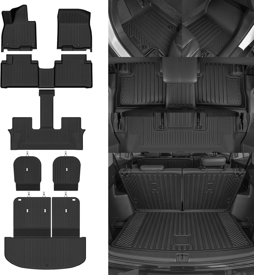 Custom Fit Floor Mats for 2027 Kia Telluride Hybrid 7 Seats | (Not for Gas) with 2nd Row Captain Seat All Weather TPE Floor Liner & Trunk Mat & Backrest Mats | Full Set Accessories