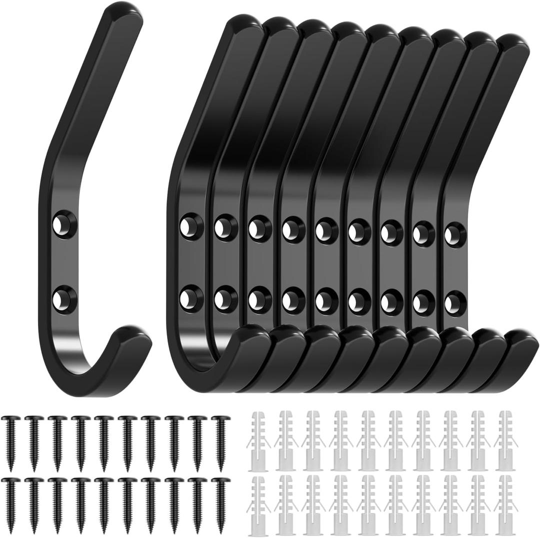 GWAAZXGZ Wall Hooks for Hanging Coats - 10 Pack Black 3.2'' Double Hook Design, Hat Organizers, Wall Mount Hangers for Bags and Keys, Perfect for Garage, Workshop, Entryway, Closet, and DIY Projects