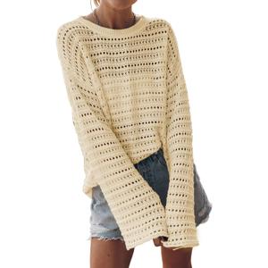 Sidefeel Womens Fall Sweaters 2025 Lightweight Casual Long Sleeve Crochet Hollow Out Knit Pullover Tops Clothing (Medium, Apricot)