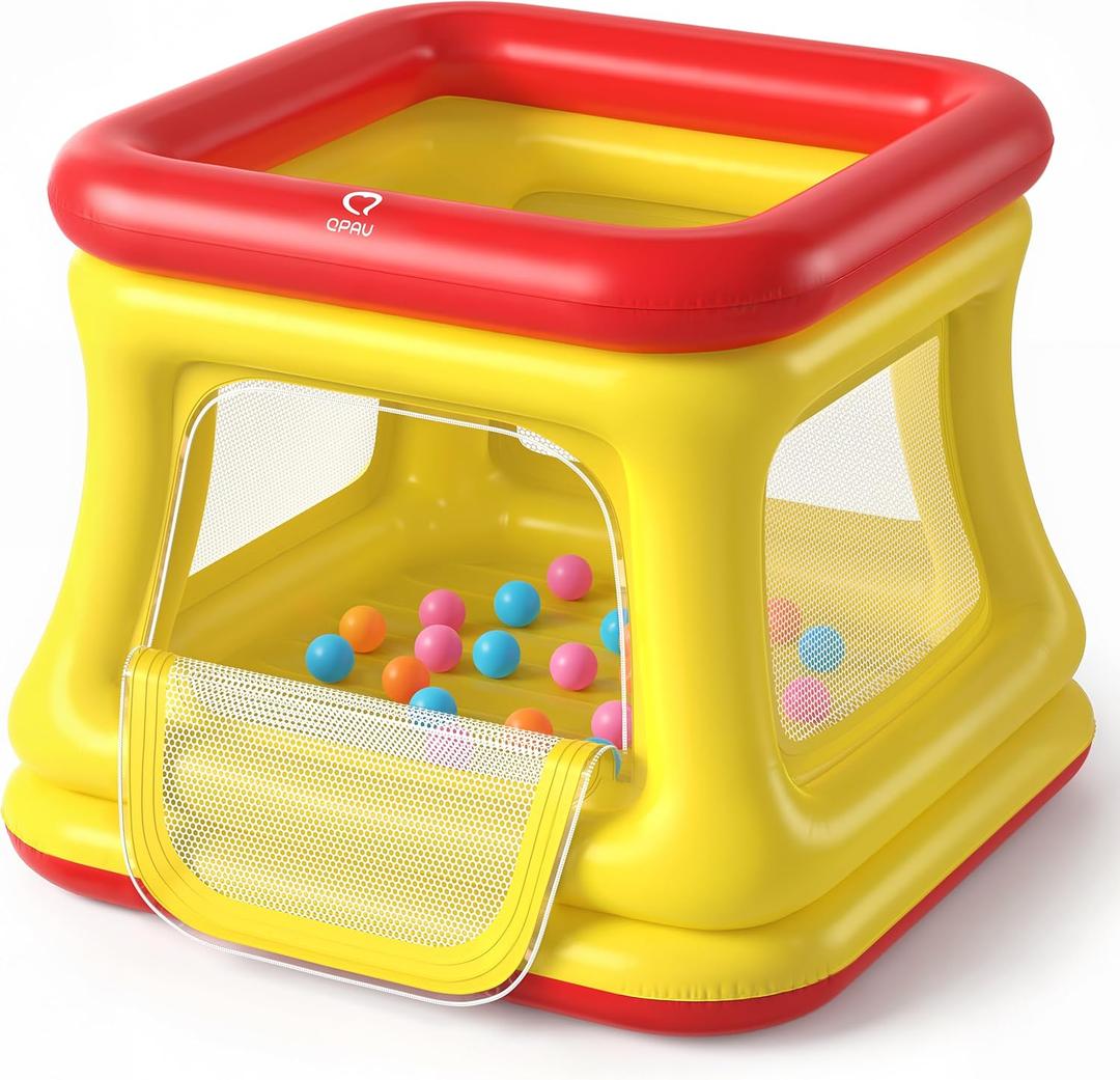 QPAU 3-in-1 Inflatable Bounce House for Toddlers 1-3, Ball Pit & Trampoline, Inflatable Bouncy House with Pump, Safety Net, Indoor & Outdoor Bubble Bouncer Baby Play Yard 43.3" x 43.3" x 34.6" Red & Yellow