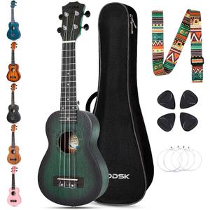 AODSK Concert 23 Inch Ukulele, Starter Kit with Bag, Strap & Picks, Green
