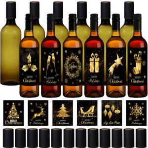 Maxcheck 12 Set 25 oz Christmas Wine Bottles 750ml Plastic Empty Liquor Homemade Coquito Bottles with 12 Christmas Labels Stickers Screw Caps 20 Shrink Capsules for Xmas Gift Party Favors(Dark Green)