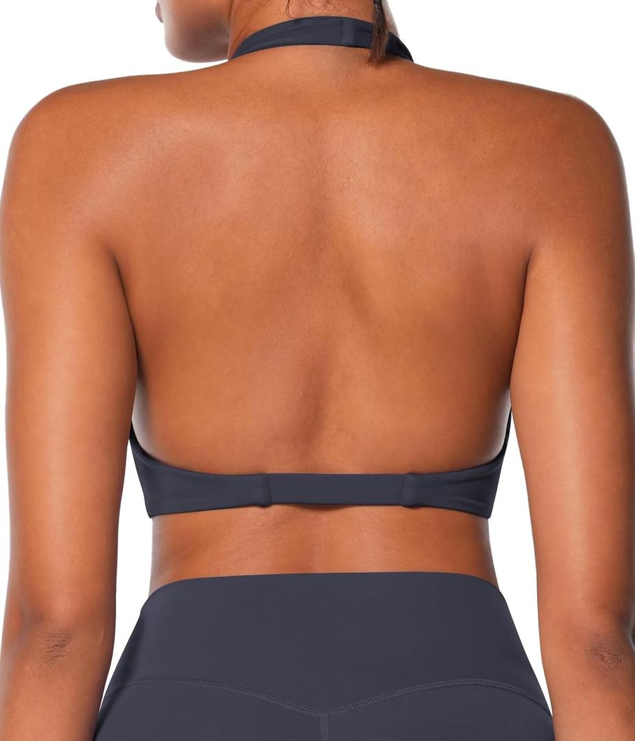 Sunzel Women's Halter Neck Sports Bra, Twist Front Yoga Crop Top with Removable Pads, Open Back V Neck Bra for Gym Workout (Medium, Blue Gray)