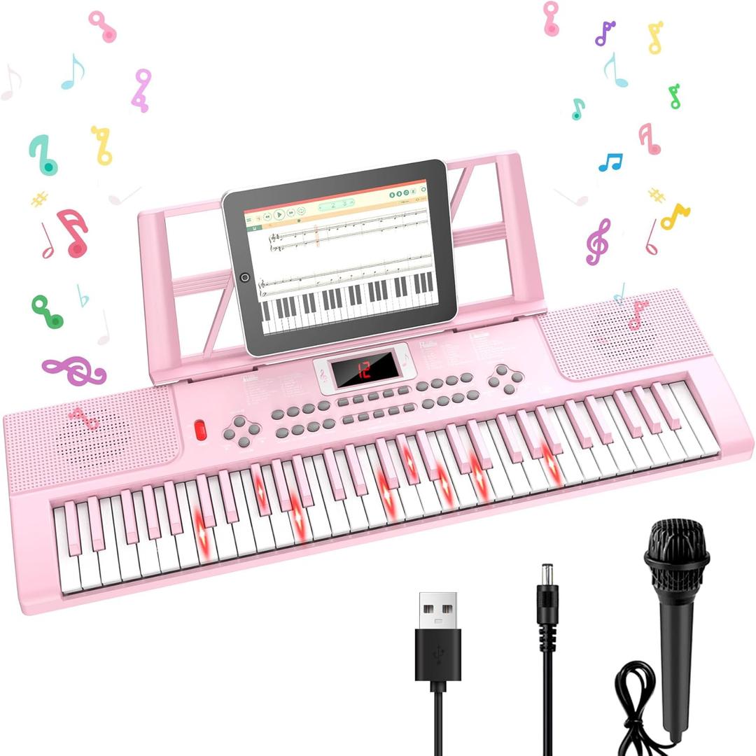 Piano Keyboard, 61 Key Upgrade Kids Pianos Music Toy with Light-up Keys & Pro Teaching Modes, Dual Speaker, 70 Demos,100 Tones, 100 Rhythms Perfect Christmas/Birthday Gift for Kids (Pink)