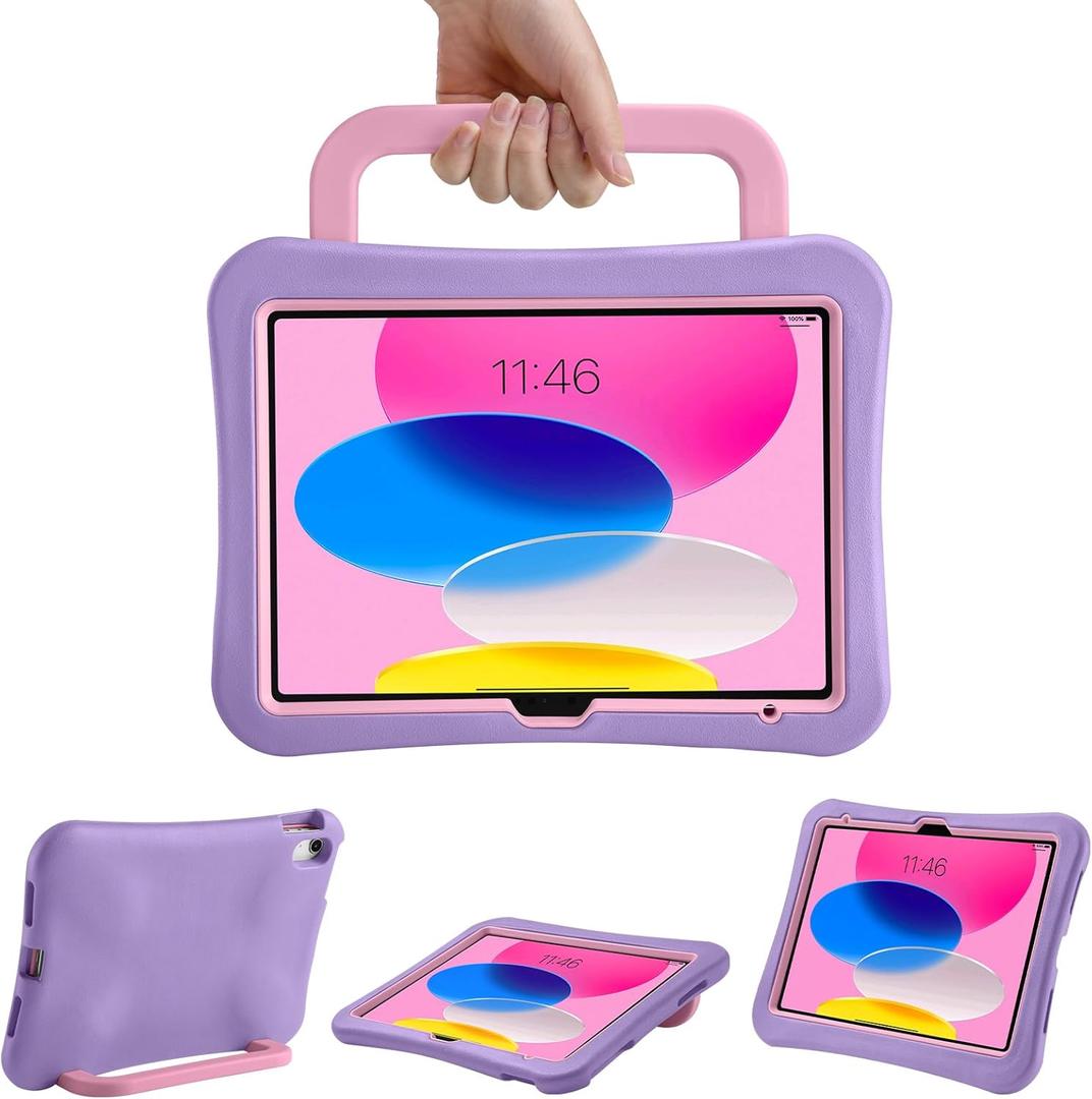 Kids Case for iPad (A16) 11th/10th Gen 10.9'' 2025/2022, Light Weight Heavy Duty/Shockproof/Drop Proof with Handle,Child Friendly case for iPad 11/10th (Purple Pink)