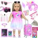 29 Pcs American 18 Inch Doll Clothes and Accessories Travel Suitcase Set Designed for 18" Dolls Including Pillow, Sunglasses, Camera, Passport, Phone, Laptop etc