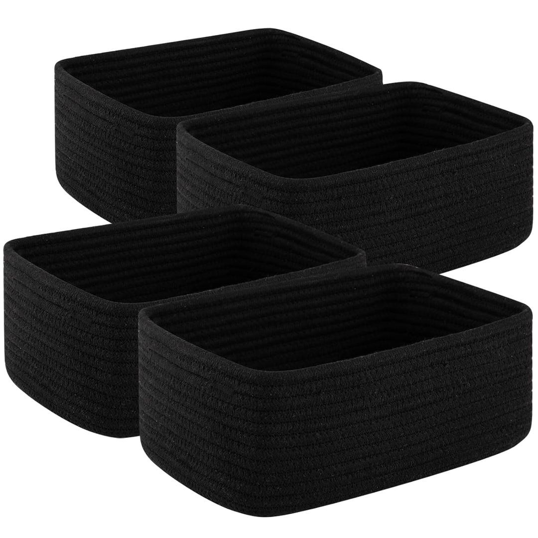 4 Pack Small Storage Shelf Baskets for Organizing, Mini Woven Rope Storage Bins for Towels, Cute Decorative Closet OrganizerBaby Nursery, Gift Empty Baskets -11.81''Lx7.87''Wx4.72''H-Black