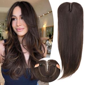Dark Brown with Caramel Highlights Hair Toppers for Women with Thinning 3D 360 Cover Clip in Wispy Bangs Upgraded Adjustable Bandage 24 Inch Long Layered