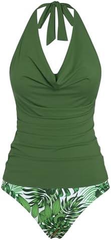 ZAFUL Women's Halter Two Piece Tankini Swimsuit Cowl Neck Swim Tank Top High Waisted Tummy Control Bathing Suits, Green, L
