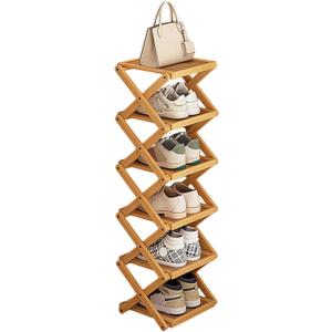 Simcat Bamboo Folding Shoe Rack for Entryway, Narrow Installation Free Dorm Closet Shoe Racks, Vertical Front Door Entrance Shoe Racks