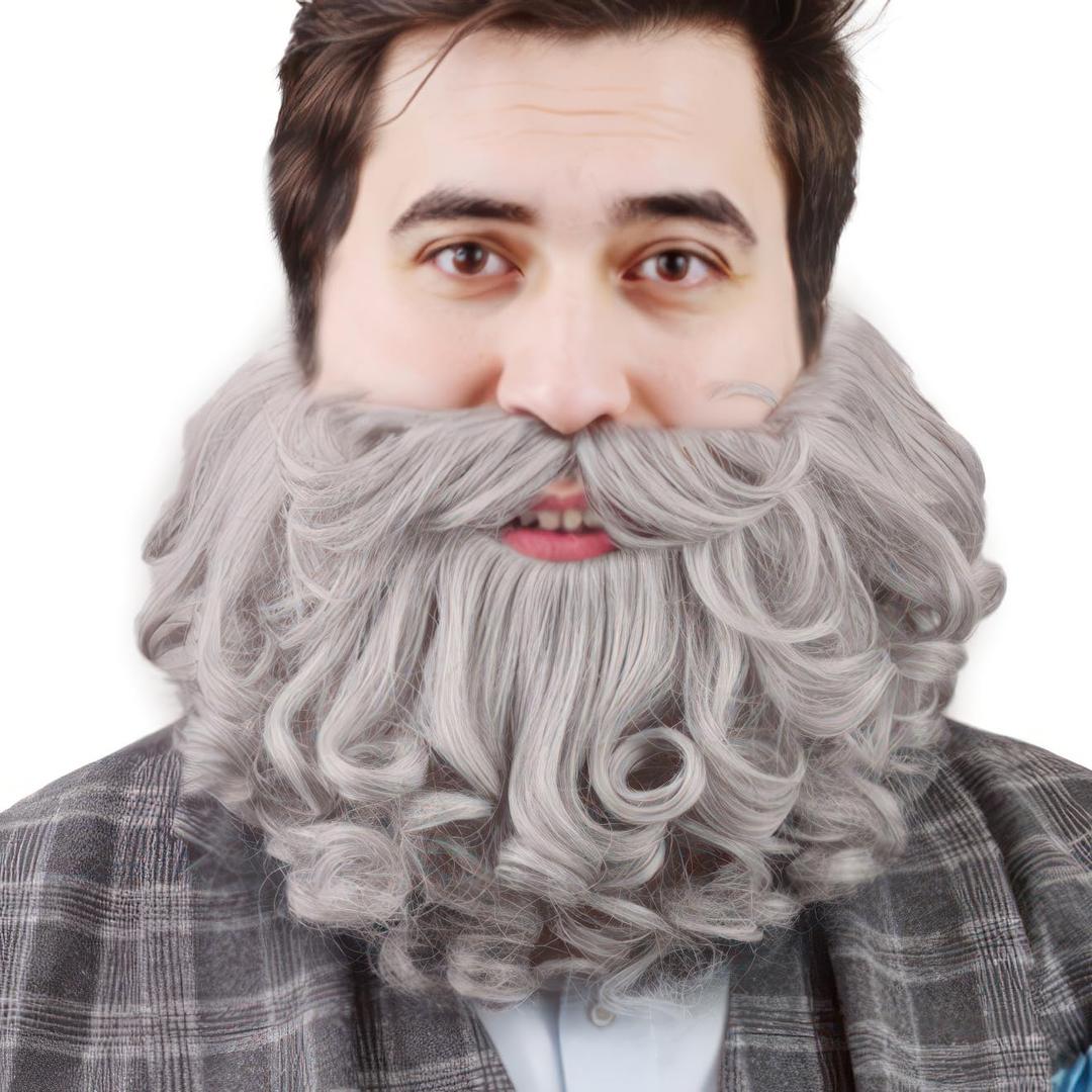 Honcloud Men's 8 Inches Curly Gray Realistic & Fluffy Fake Beard For Wizard Costume Party and Halloween(Gray)