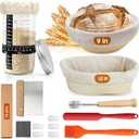 Sourdough Bread Baking Supplies 16 Pcs | Banneton Bread Proofing Basket Kit with Sourdough Starter Jar, 9" Round & 10" Oval Sourdough Proofing Rattan Baskets with Bread Making Tools Gift Set