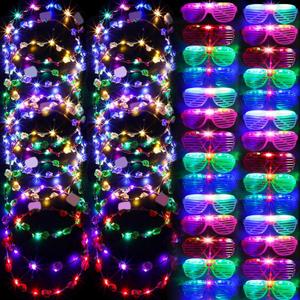 Honoson 48 Pack Glow in The Dark Party Supplies LED Glasses Light up Glasses LED Flower Crown Headband Multicolor Flower Wreath for Adults Neon Birthday Party Favors