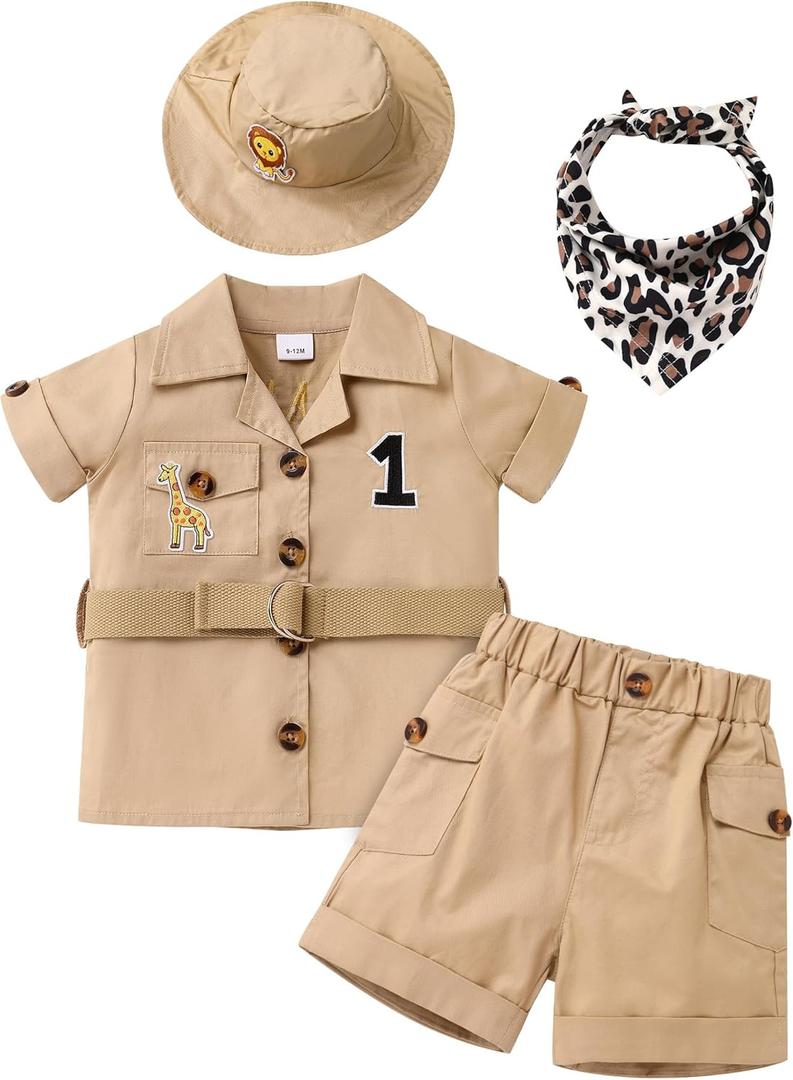 FYMNSI Baby Boy Wild Animal Jungle Safari Shirt Shorts Sets 5PCS Toddler Zoo Keeper First Birthday Outfit Cake Smash Clothes (6-12 Months, Khaki)
