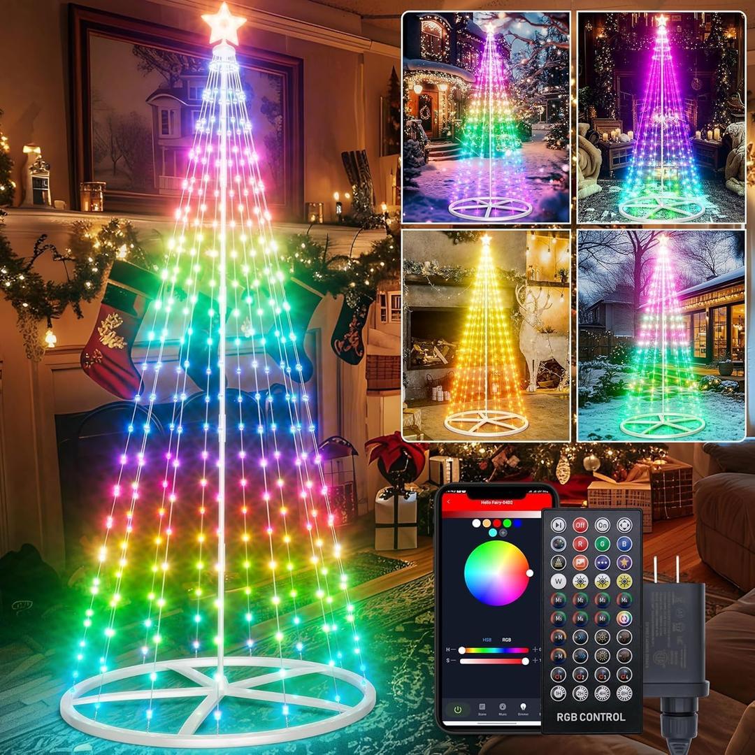 8ft LED Outdoor Christmas Cone Tree, Lighted Christmas Tree, Lighted Artificial Tree with Star Topper, App/Remote Control, Timer, DIY Color Light Show for Christmas Outdoor Indoor Decorations