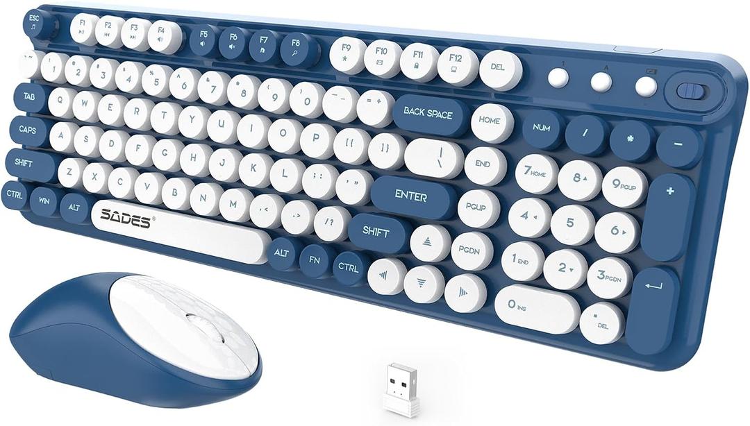 Wireless Keyboard and Mouse,Cute Retro Typewriter Computer Keyboard and Mouse Sets,Full SIze 2.4G Cordless Colorful Round Keycaps Keyboard with Silent Mouse for PC Window Laptop Home OfficeWhite Blue