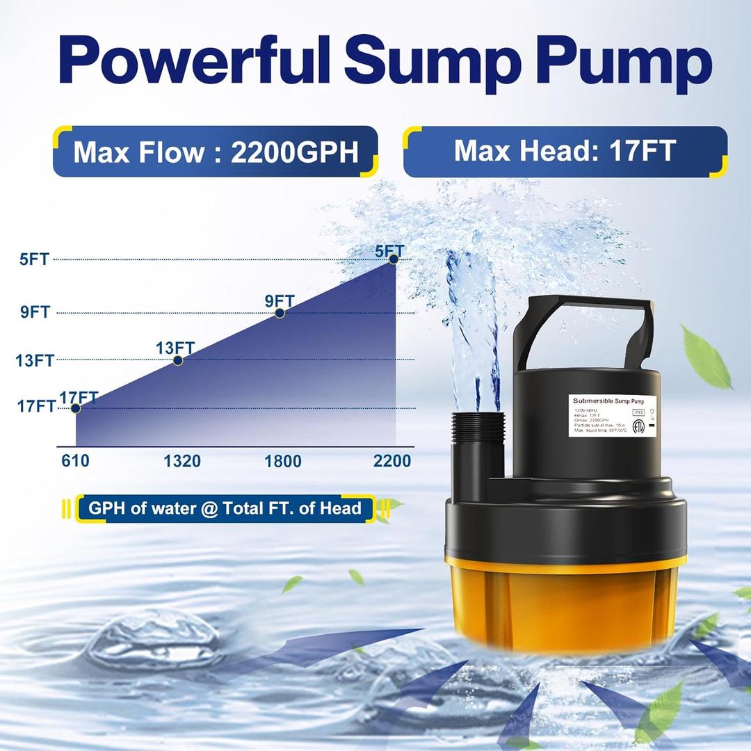 AgiiMan Sump Pump - 125W 1000GPH Submersible Water Pump with 16ft Drainage Hose, 25ft Extra Long