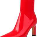 Mofirdast Women's Mid Calf Boots Comfy Square Closed Toe Stiletto High Heel Boot Zipper Short Ankle Booties Red 9