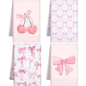 Macarrie 4 Pcs Pink Bow Coquette Kitchen Towels Trendy Cute Pink Hand Towels Coquette Bow Gifts Preppy Microfiber Kitchen Supplies for Hostess Housewarming, 18 x 26 in