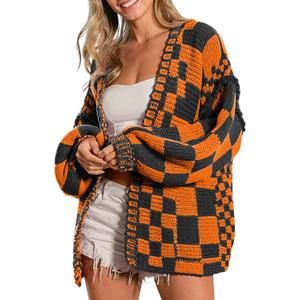 SELINK Women's Cardigan Sweater Vintage Open Front Mixed Checkered Pattern Chunky Knit Plaid Long Sleeve Daily Outwear (Large, Z Orange)