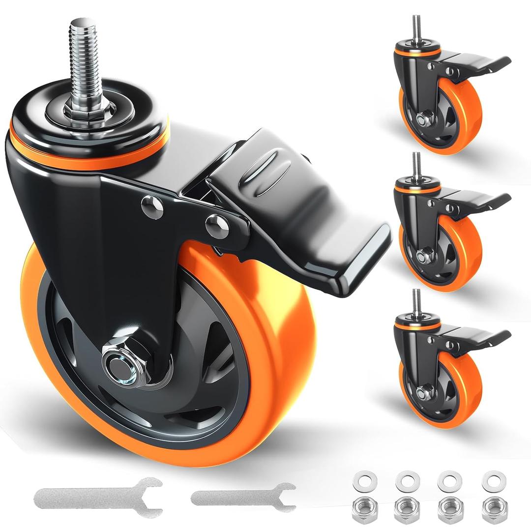 Stem Caster Wheels 4 inch Heavy Duty Threaded Stem Mount Casters Set of 4 with American Size UNC 3/8"-16 x 1 Swivel Industrial Castors with Safety Dual Locking Wheel for Furniture and Cart