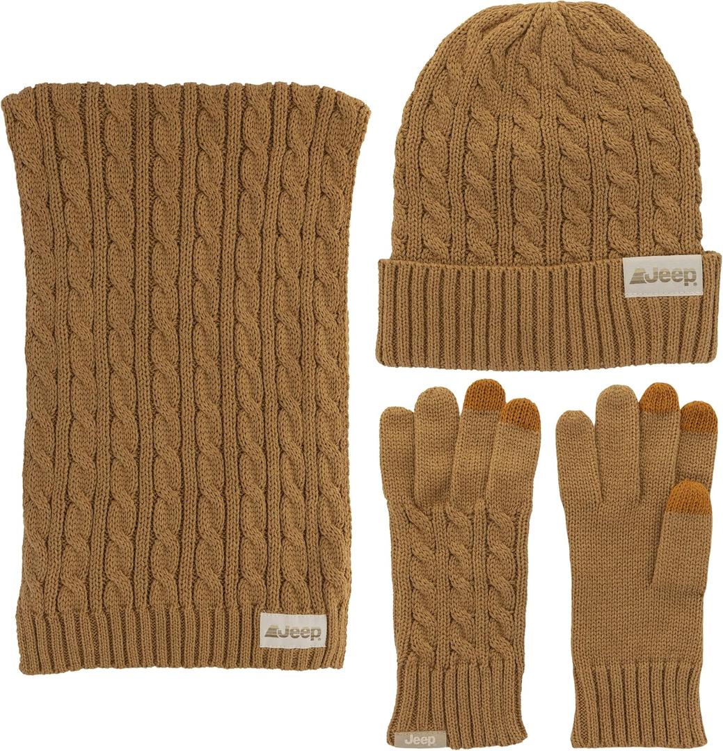 Jeep Women's 3 Piece Cable Knit Scarf, Beanie, and Gloves Set - One Size Fits Most (Tan)