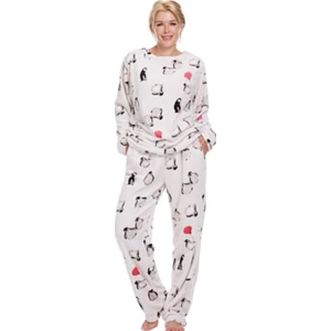 Istylish Fleece Women's Pajama Set Printed Pajama Sets 2 Piece Warm Cute Loungewear (White Penguin L)