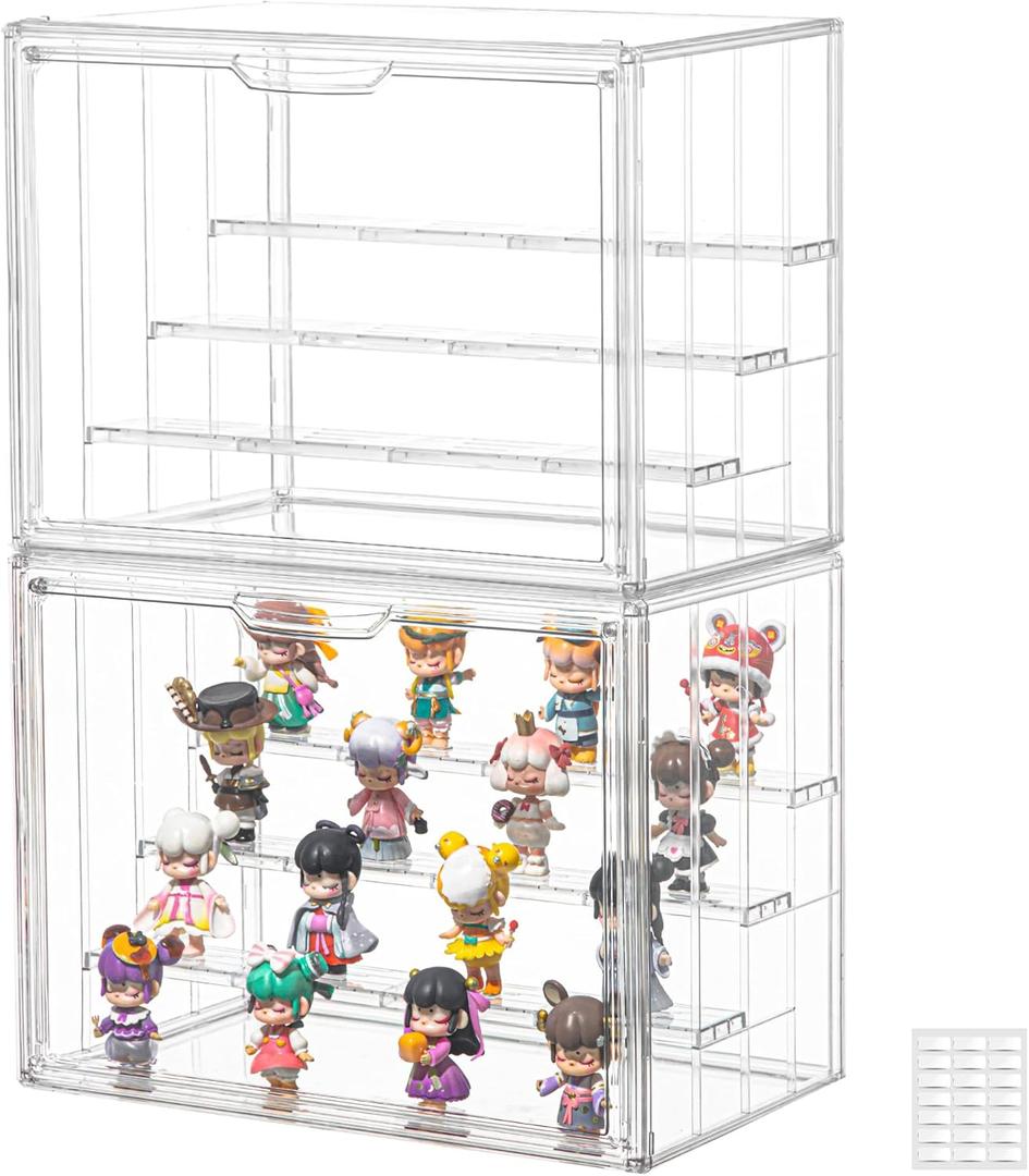 Clear Acrylic Display Case Upgrade 4 Tier Figure Display Case with 3 Movable Dividers, Stackable Display Box Showcase with Magnetic Door for Collectibles (Large-2Pack)