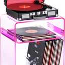 Acrylic Record Player Table with Storage Shelf, Clear Side Table Nightstand (Pink)